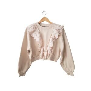 Zara Cropped Ruffle Embroidered Lace Crewneck Beige Size Medium